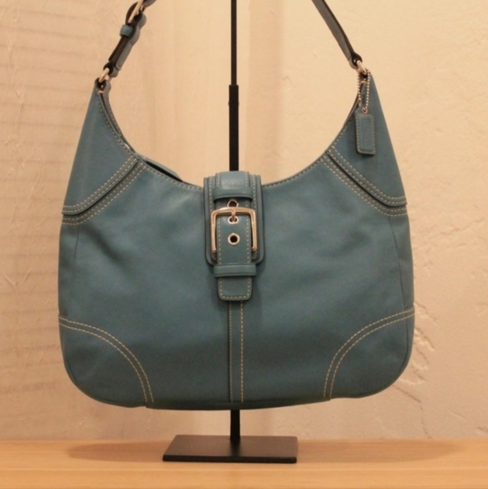 VINTAGE Coach Teal Leather Shoulder Bag with Buckle Detail
